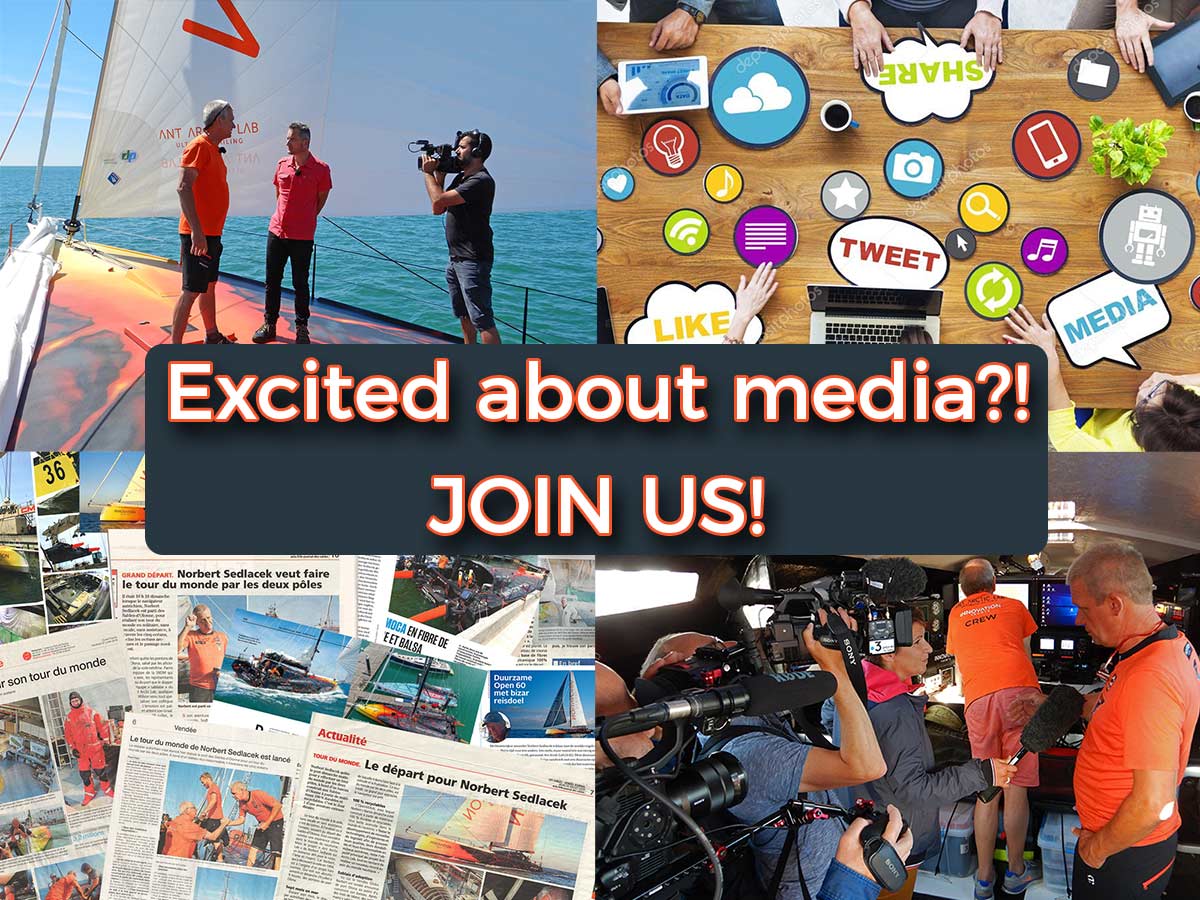 Excited about media?! JOIN US! Sailing boat, newspaper articles, socialmedia, interview beeing filmed