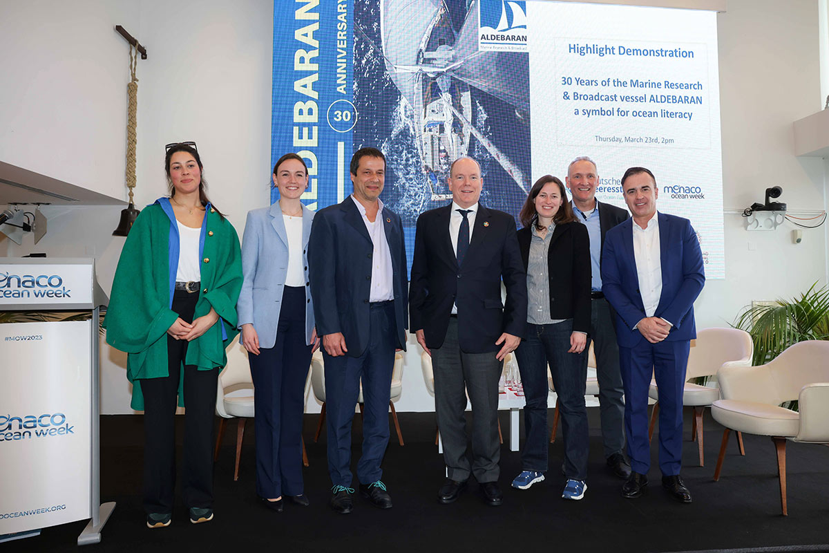 Speakers of the Monaco Ocean Week event for the 30th anniversary of the Broadcast vessel Aldebaran with the presence of HSH Prince Albert II from Monaco