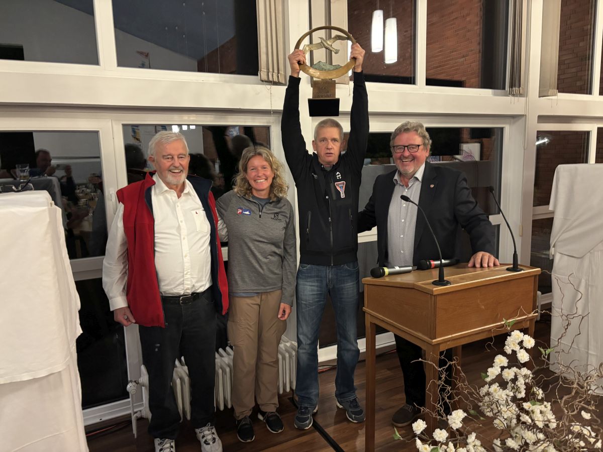 From left to right, Bobby Schenk, Kirsten Neuschäfer, Norbert Sedlacek and Gottfried Rieser, during the Cape Horn award 2025, with Norbert rising the cup award in the air.