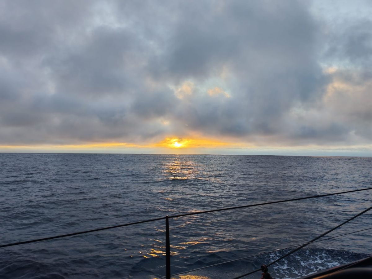 Lever de soleil doré vu depuis l'Open60AAL, sur une mer calme et lisse. - ANT ARCTIC LAB