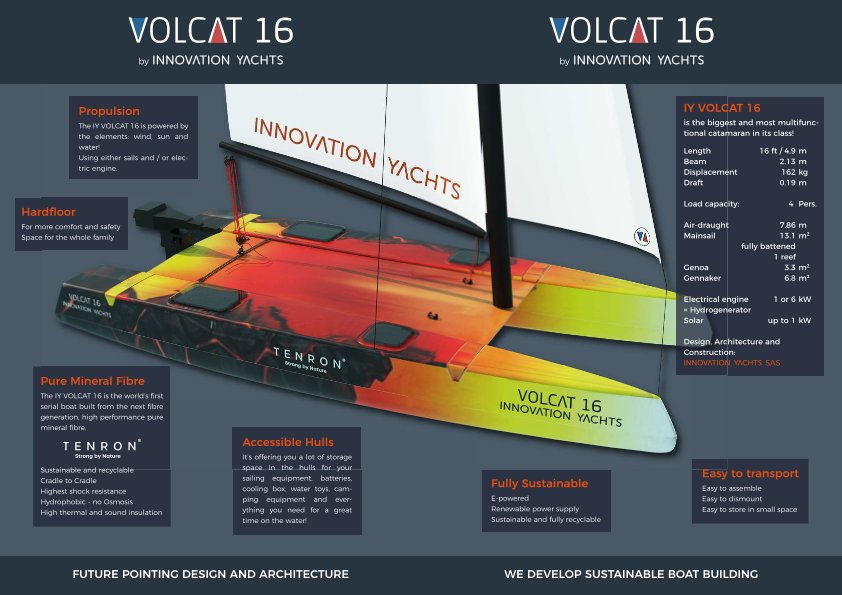Extrait d'une brochure présentant le Volcat16 : dimensions, caractéristiques, particularités, etc. - INNOVATION YACHTS